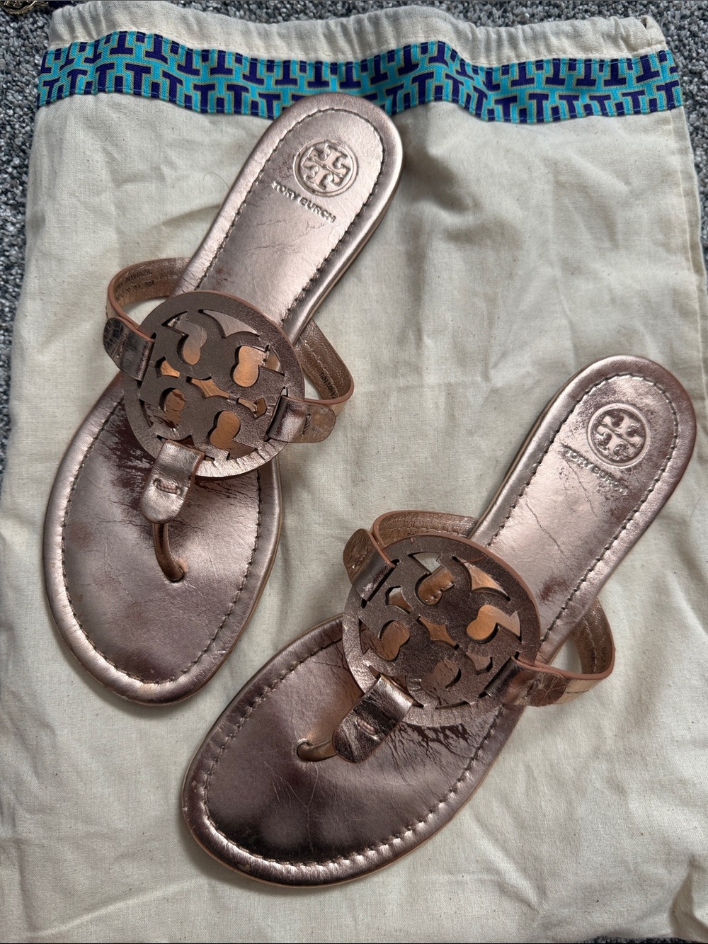 Tory Burch Rose Gold Logo Thong Sandals